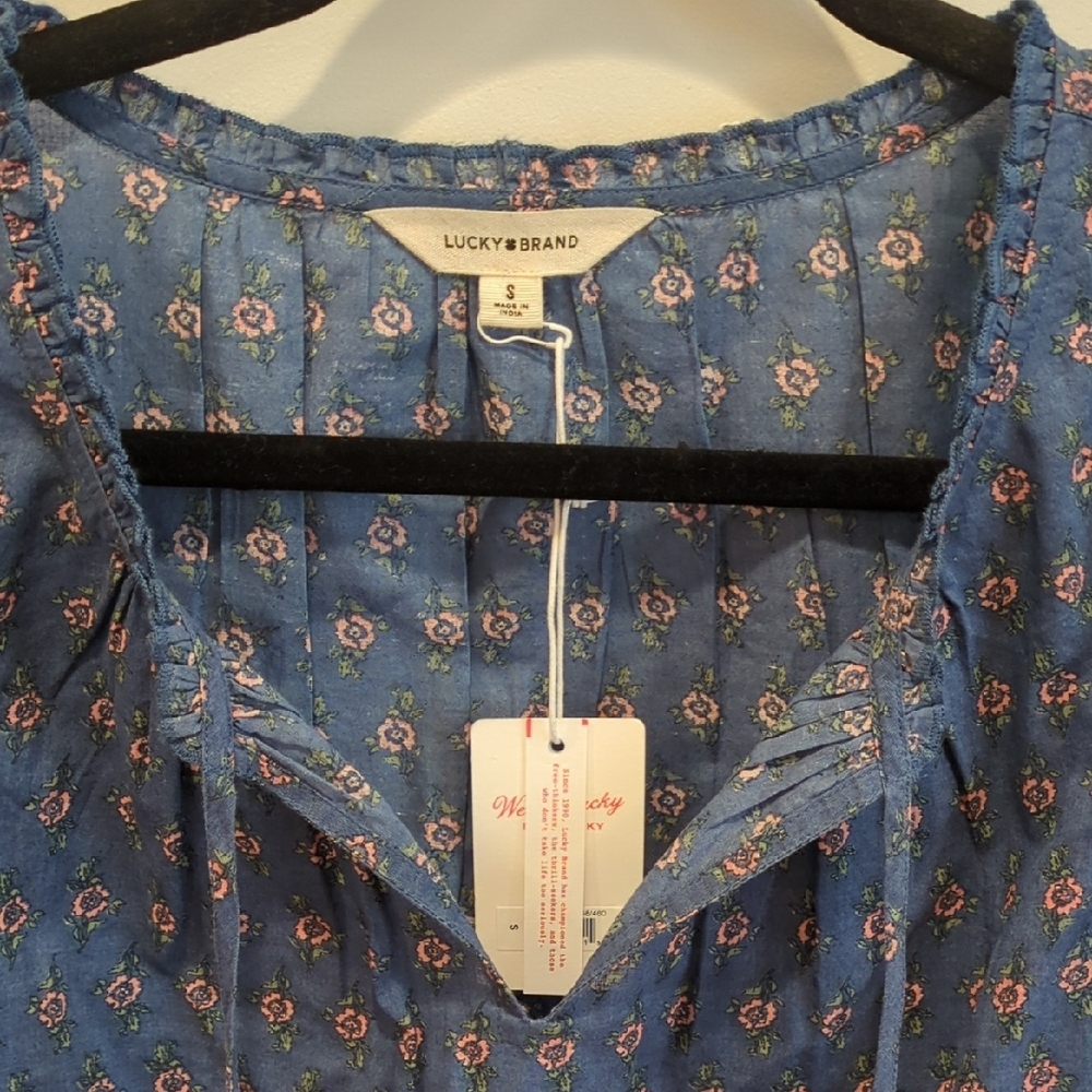 Lucky Brand Navy Floral Blouse Size Small Cotton Cottage Prairie Peasant Boho - Picture 2 of 7